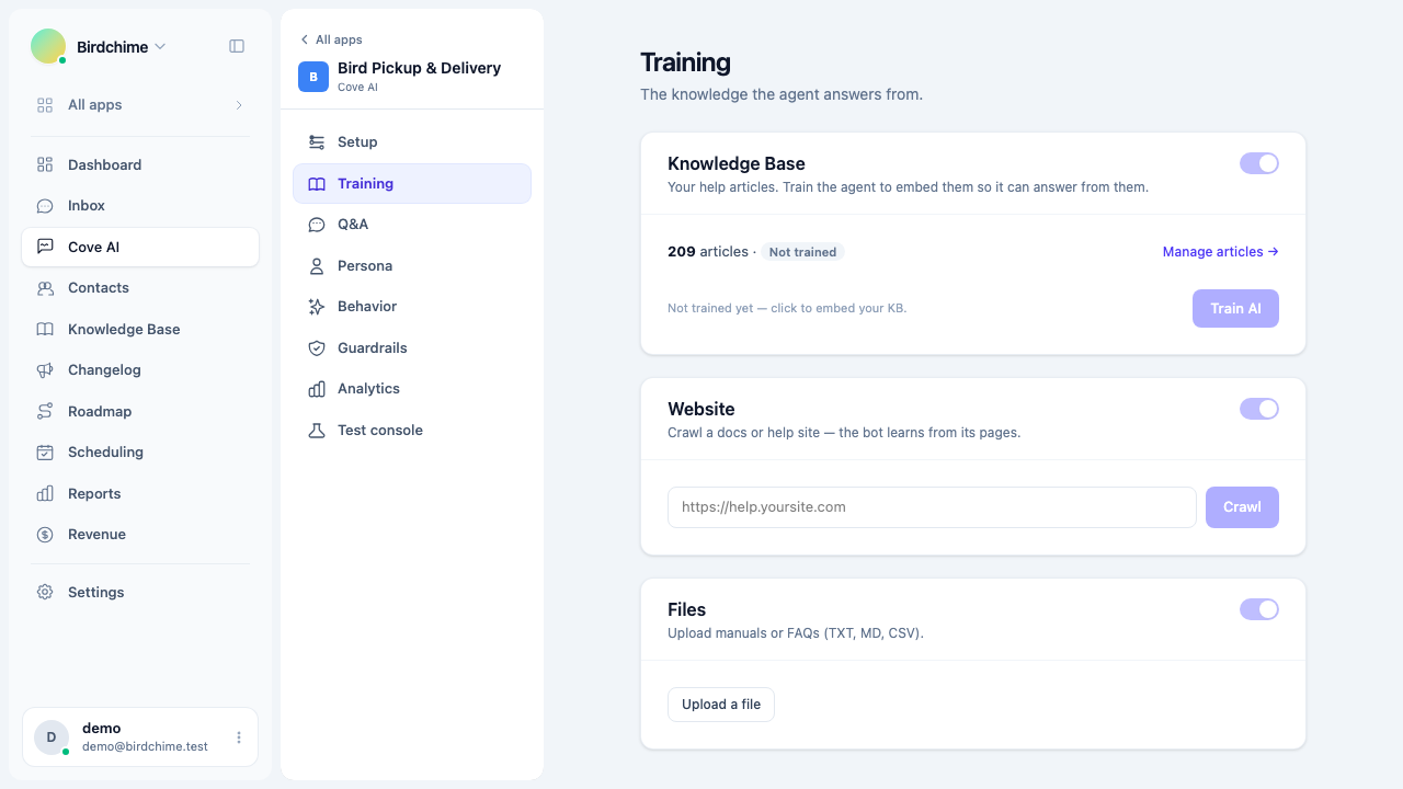 The Training section in Cove AI settings