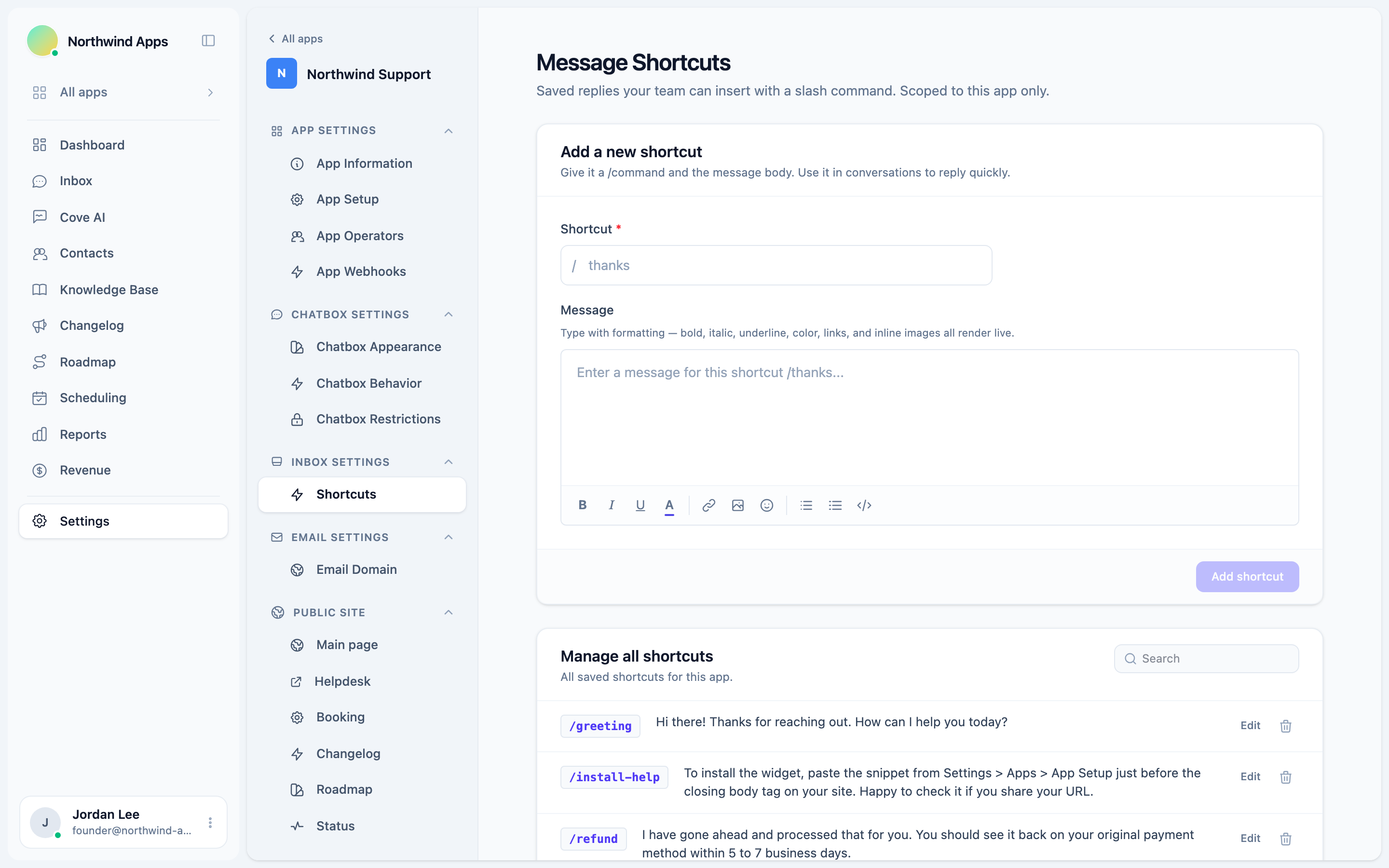 Shortcut creation form on the Shortcuts settings page