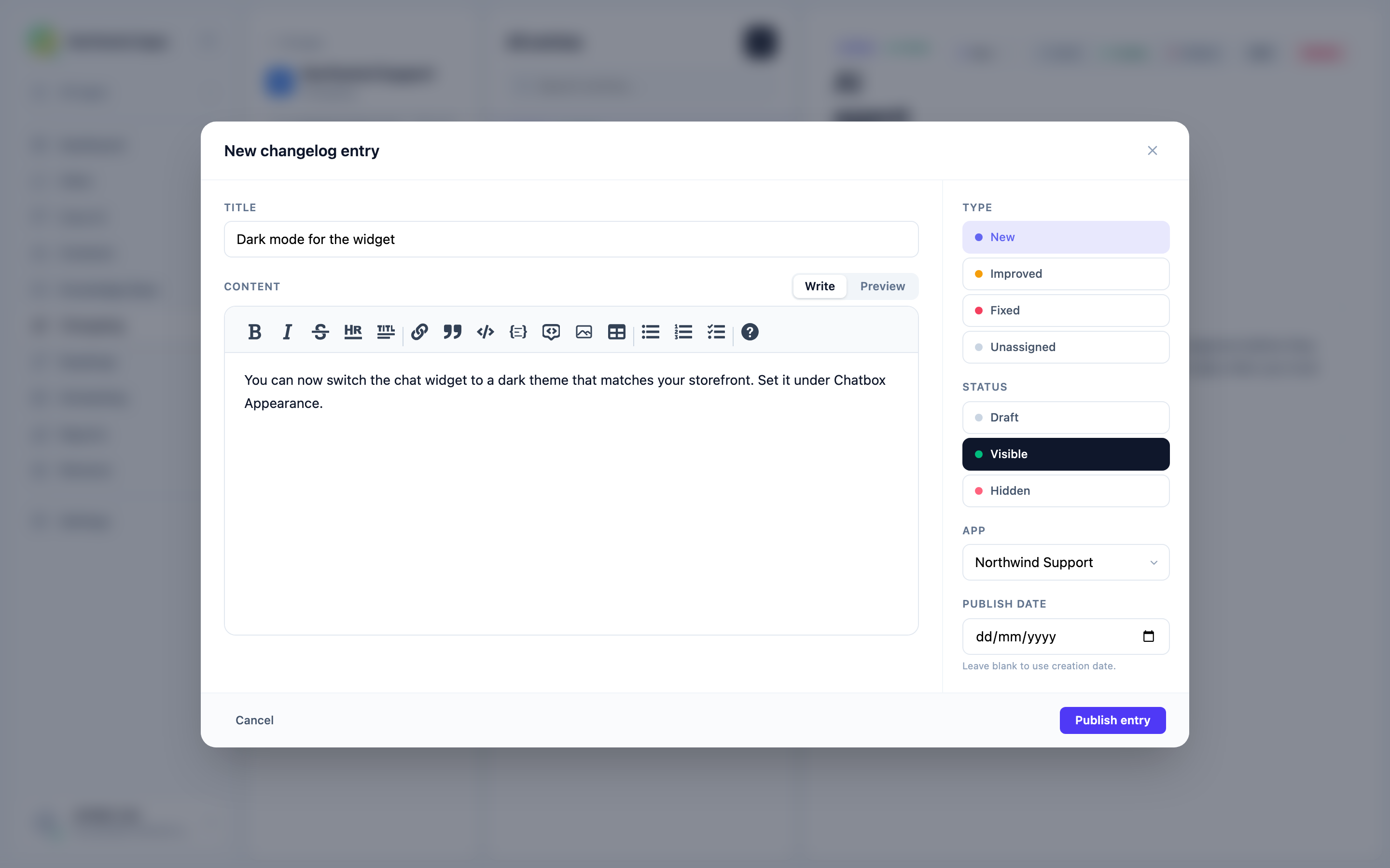 New changelog entry form