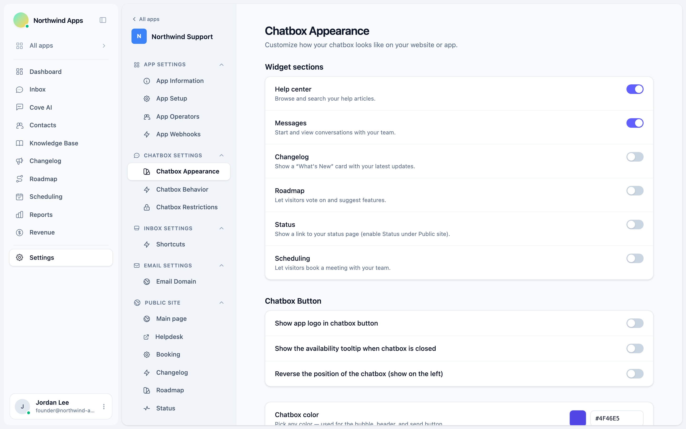 Widget sections toggle in Chatbox Appearance