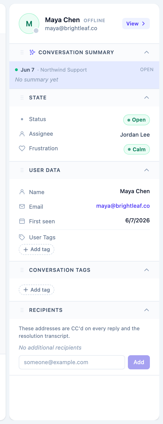 The contact sidebar showing profile, status, and sections