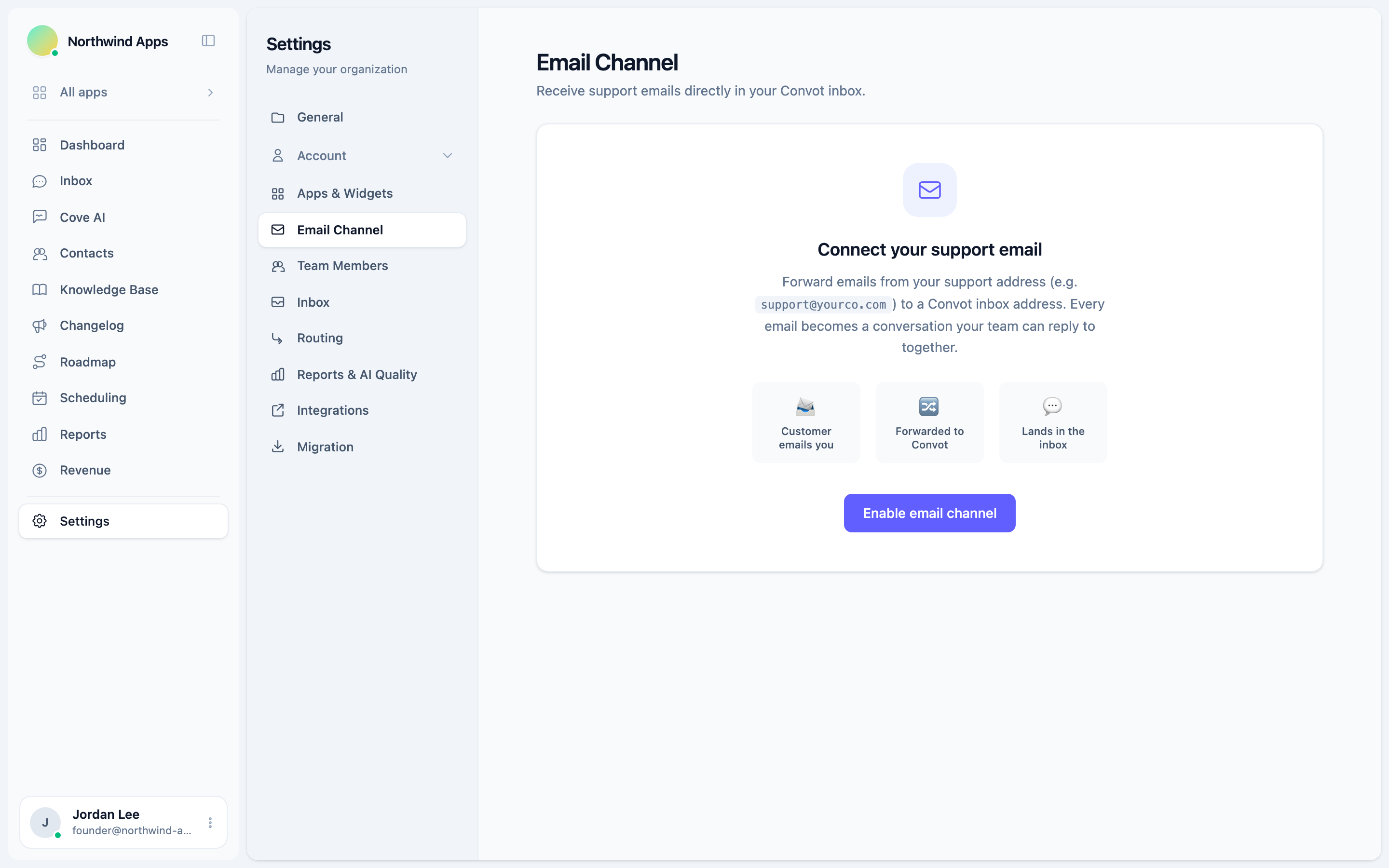 Email channel setup screen