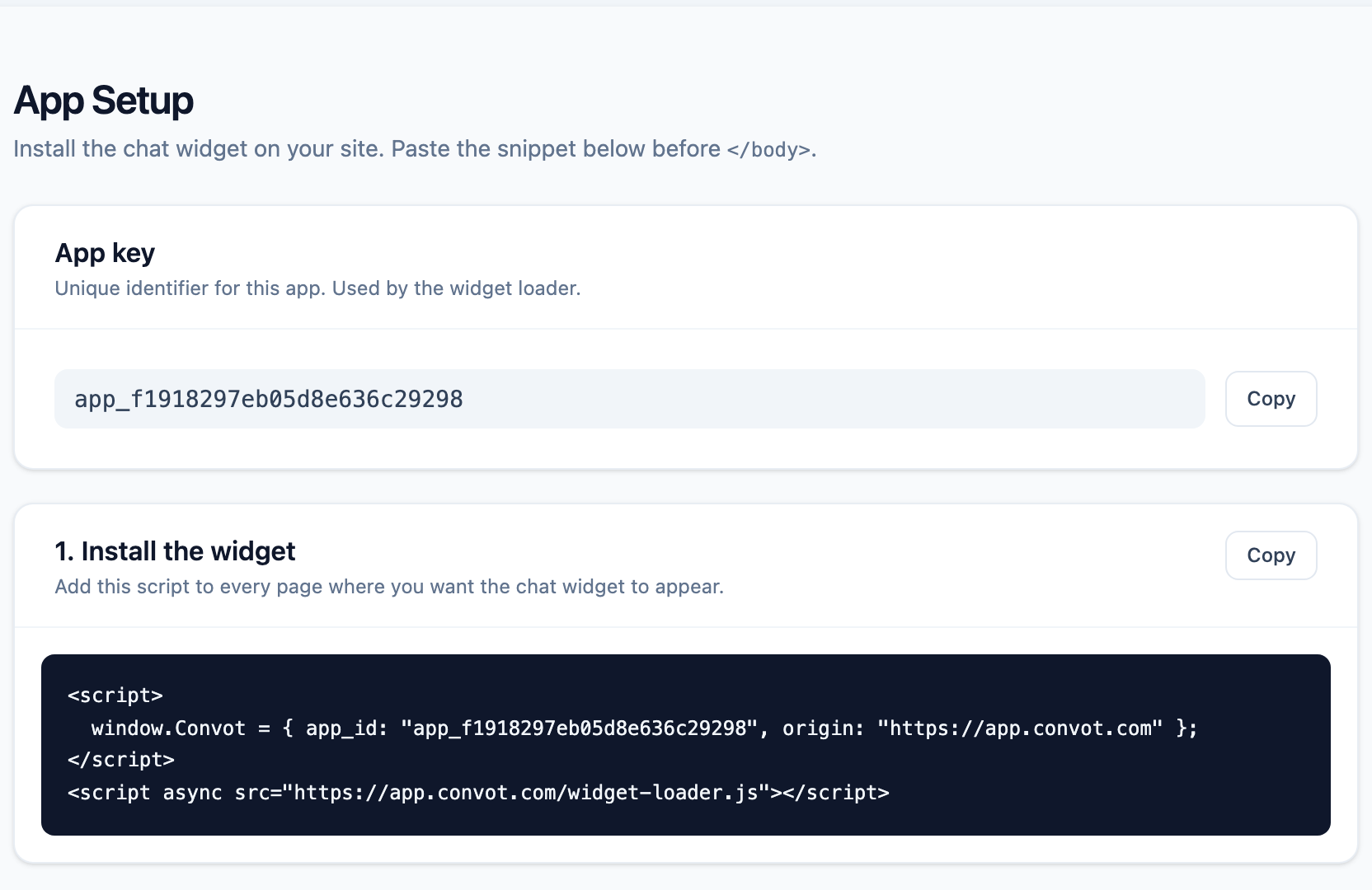 The install snippet on the setup page