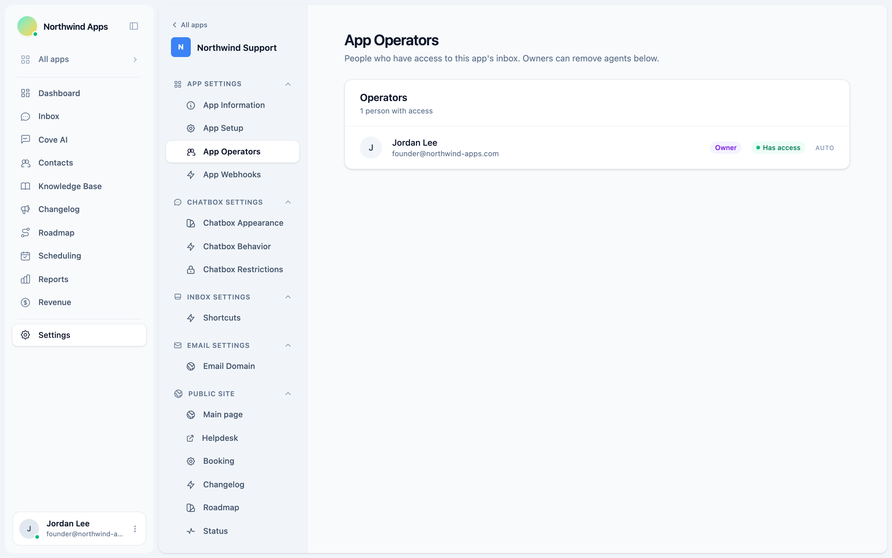 App Operators page showing team members with access status
