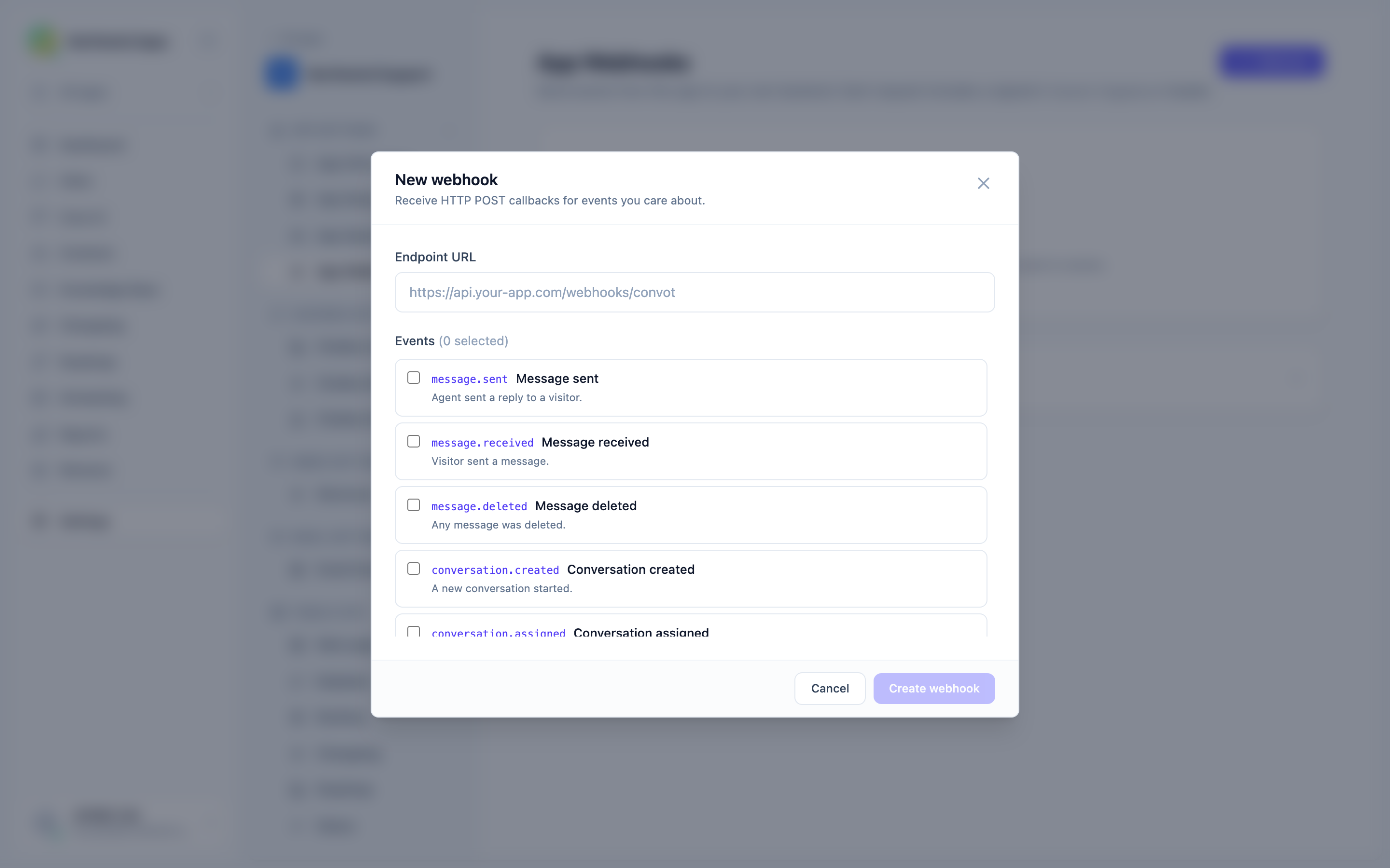 Creating a new webhook in the App Webhooks page