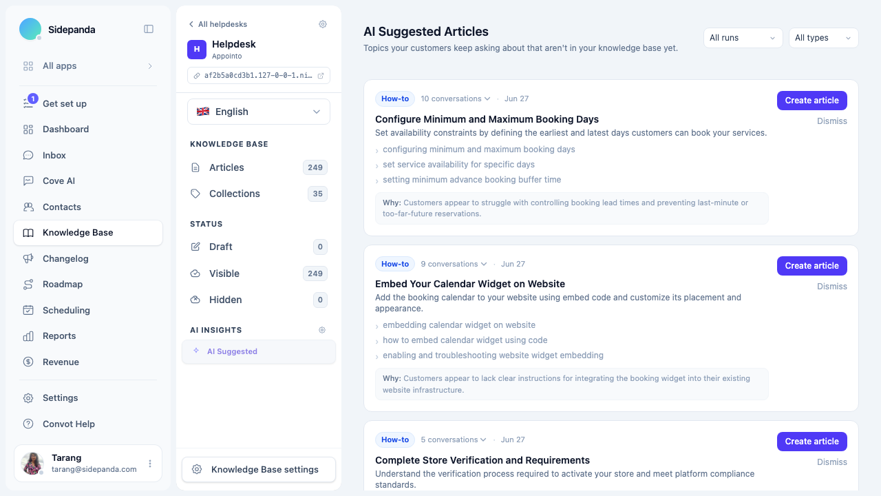 AI Suggested Articles view showing a list of topic cards with titles, descriptions, and create article buttons