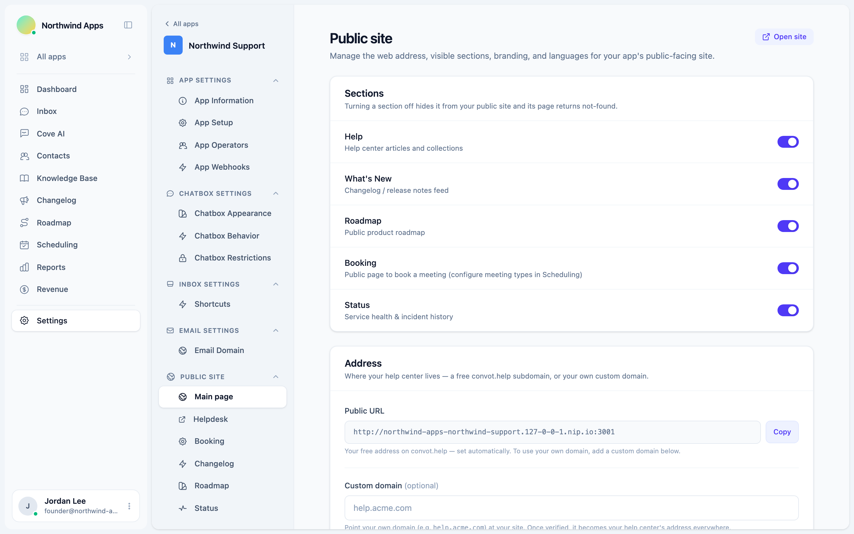 Public site settings page