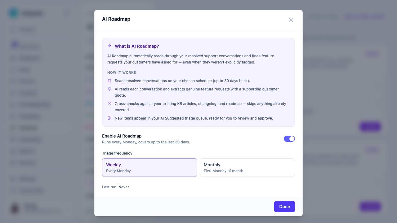 AI Roadmap settings modal