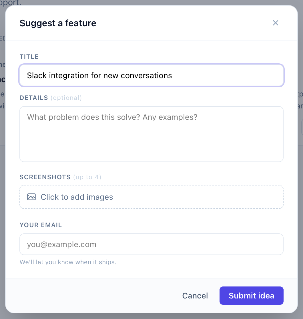 Feature submission form with image upload