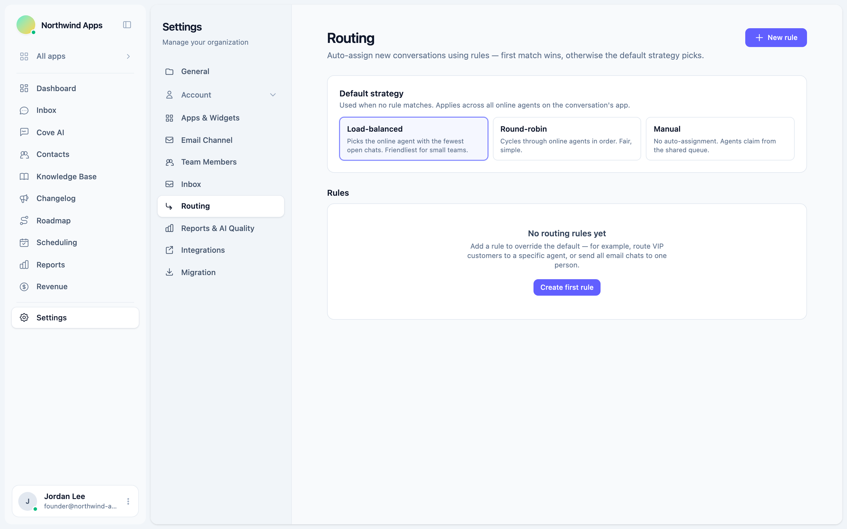 The routing rules page showing a list of rules