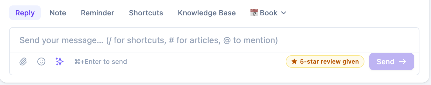 A "5-star review given" badge above the reply composer