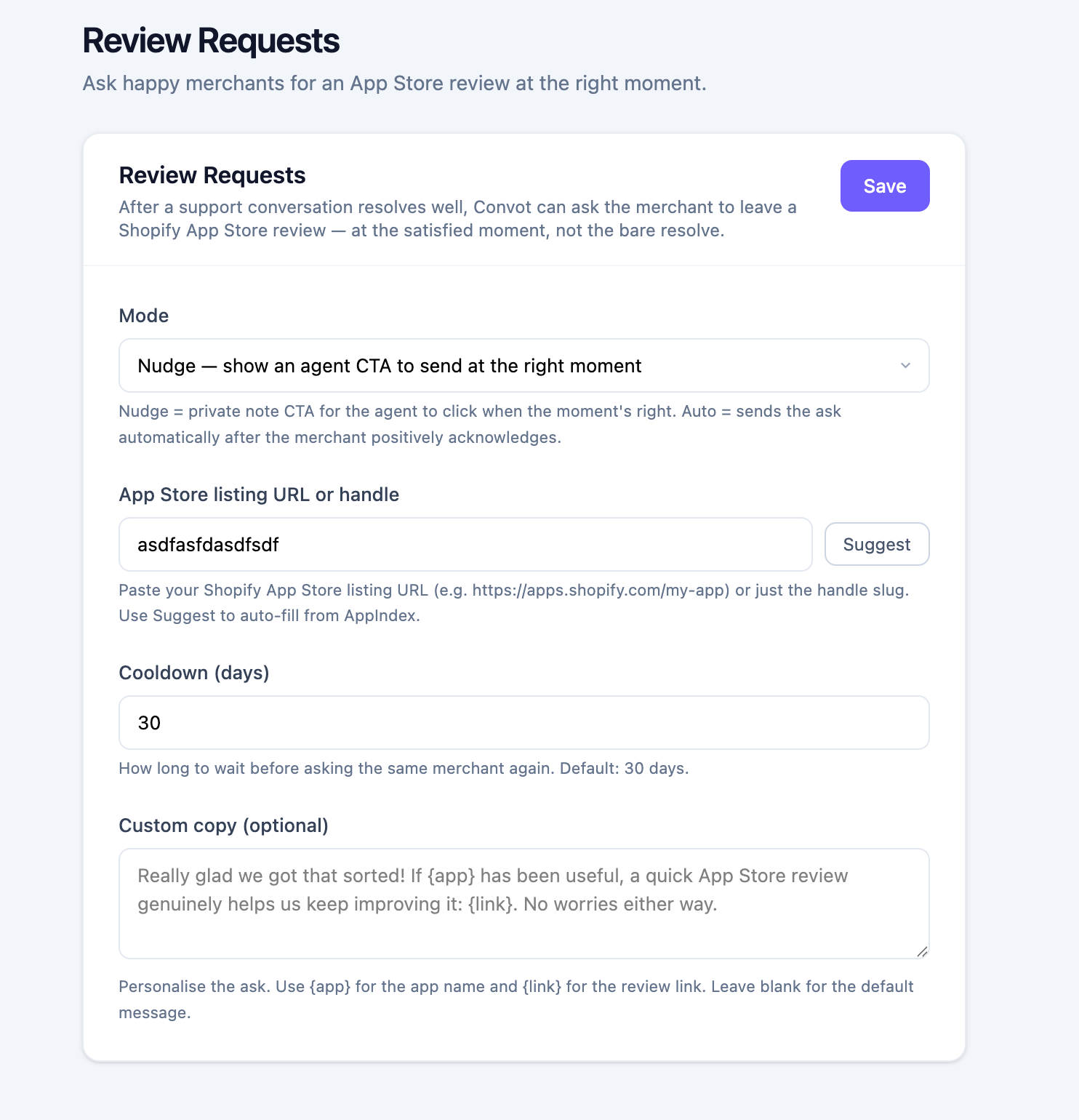 Review requests settings panel