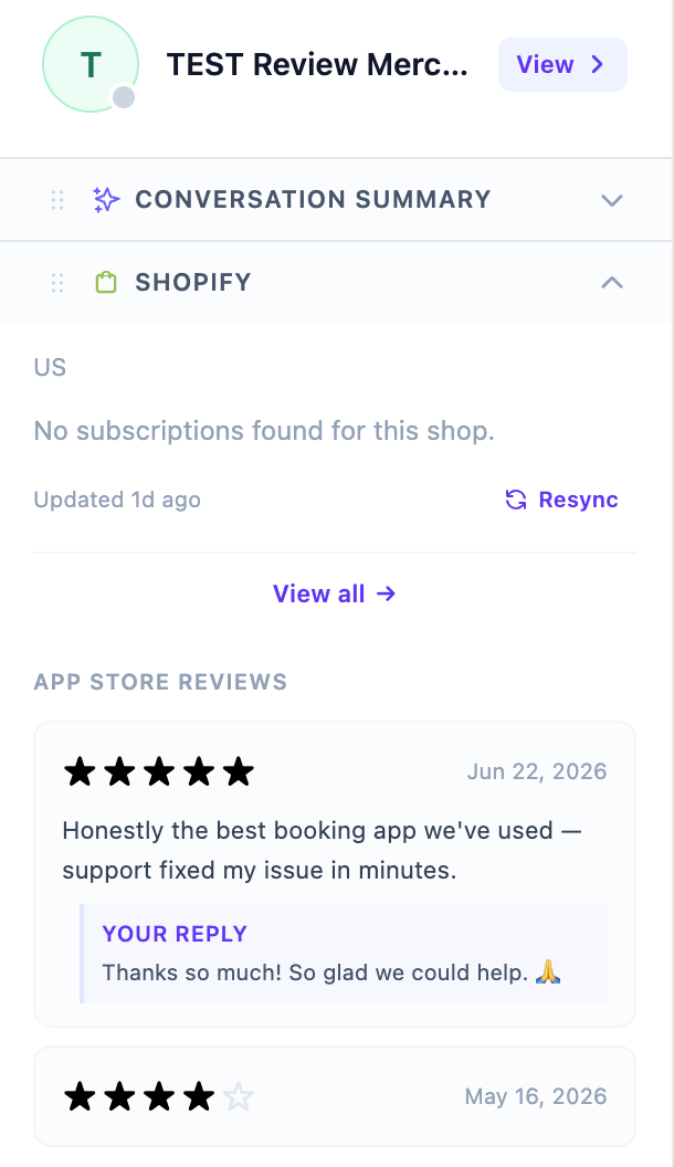 Shopify reviews panel in the contact sidebar