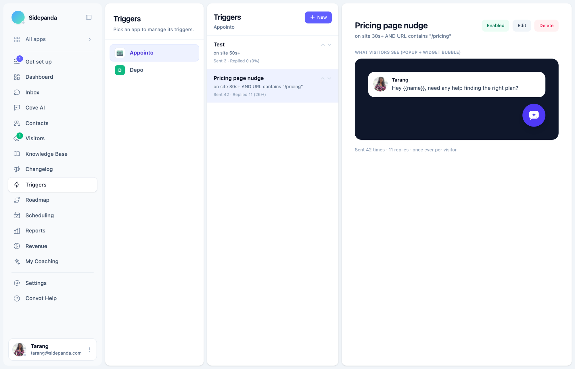 A trigger rule's detail view, showing conditions, sender, and the popup preview