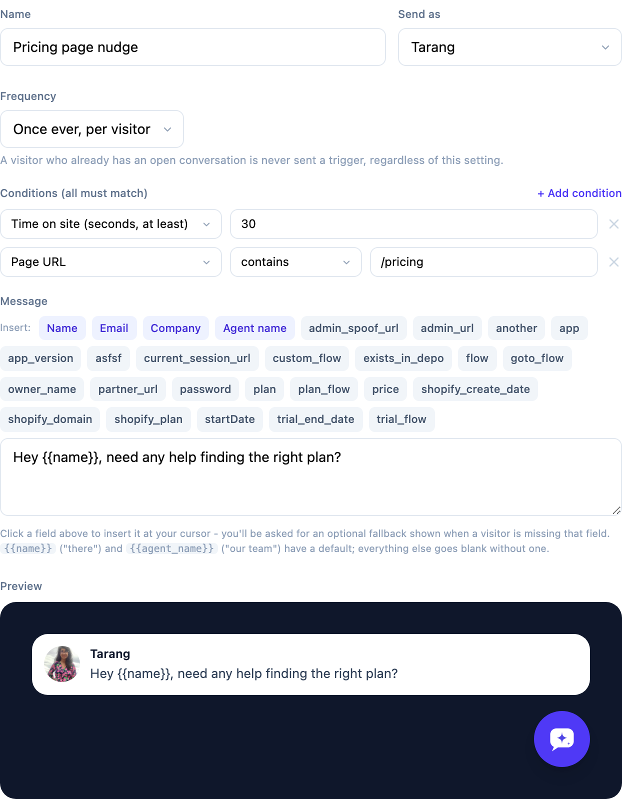 The trigger rule editor - conditions, message, and a live preview