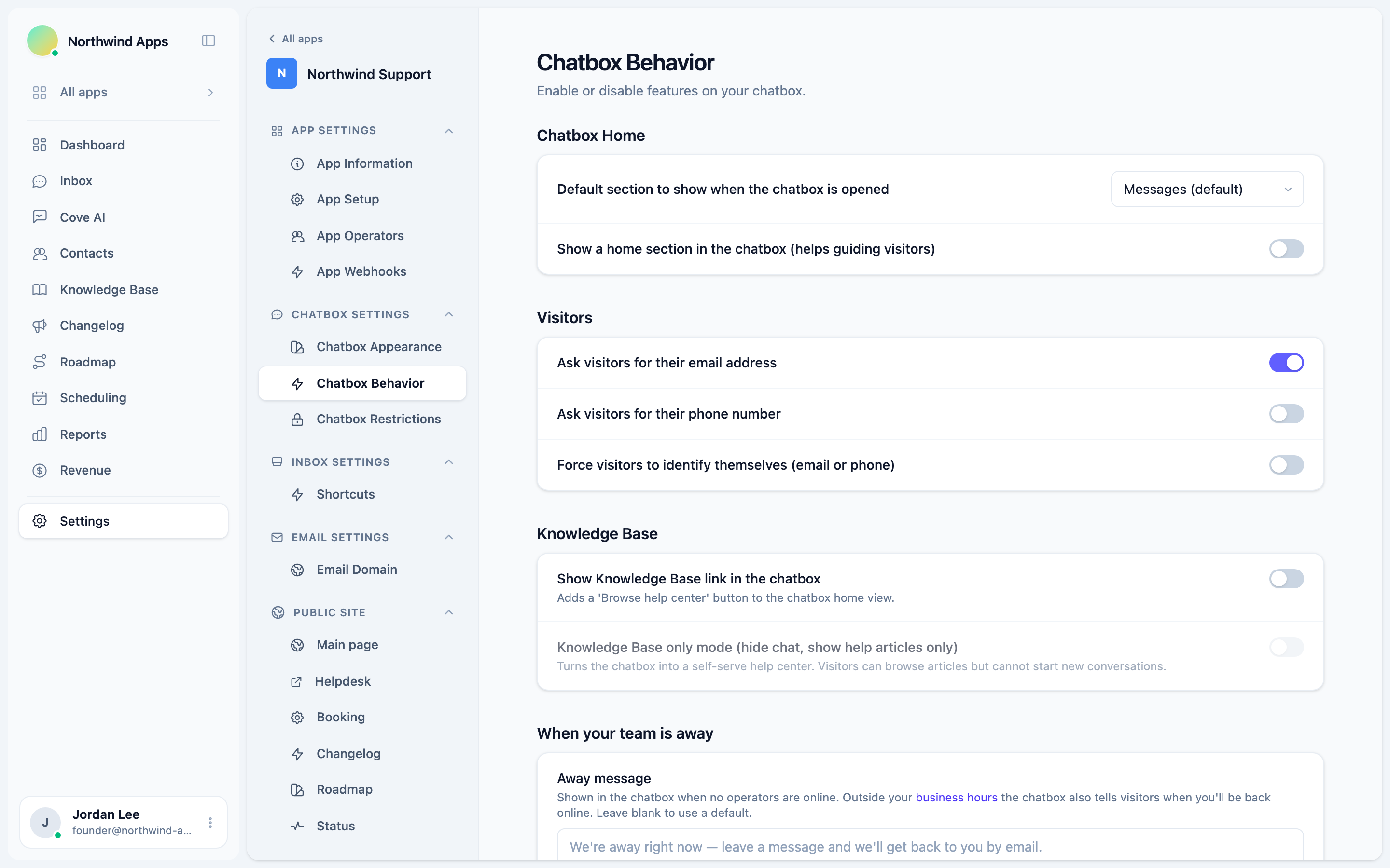 Chatbox Behavior settings page