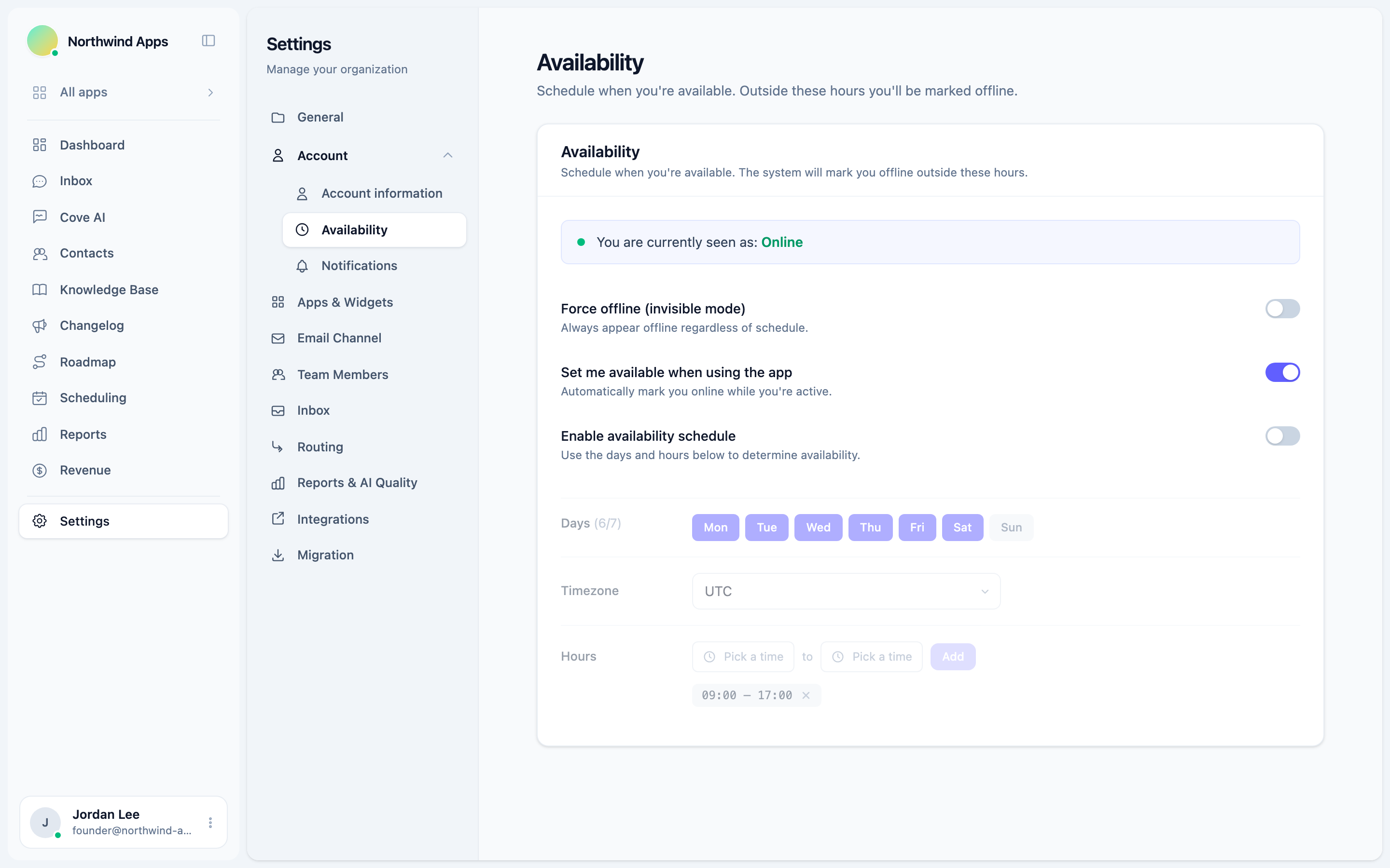 Availability settings tab